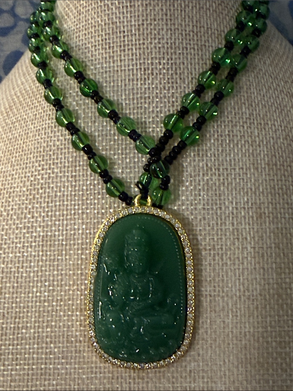 Green Glass Jade Buddha Amulet Pendant with Gold Trim - Picture 7 of 7